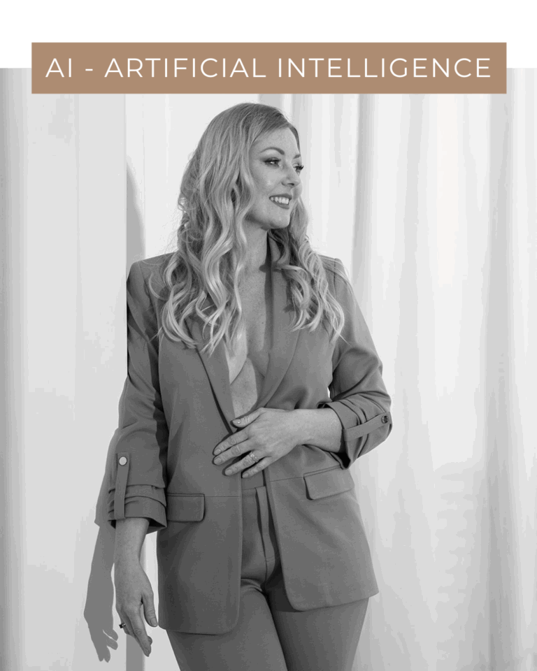 Confident female entrepreneur in a tailored suit standing by a wall, looking ahead with purpose. Minimalist interior, natural light.