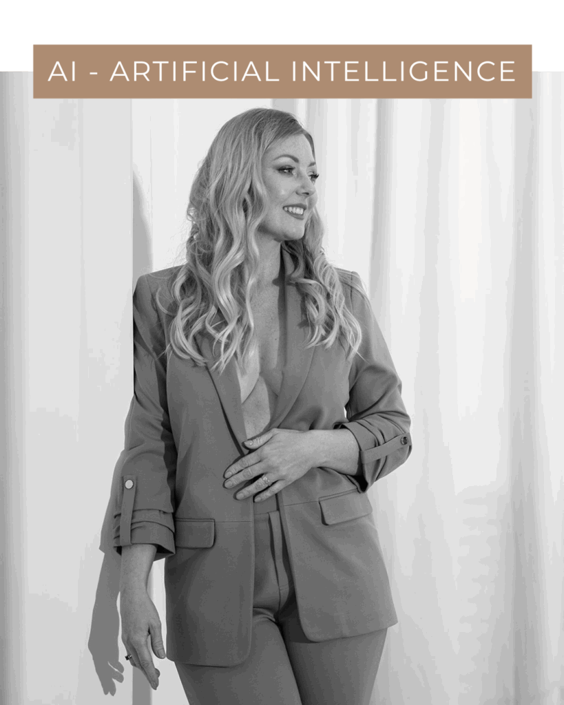 Confident female entrepreneur in a tailored suit standing by a wall, looking ahead with purpose. Minimalist interior, natural light.