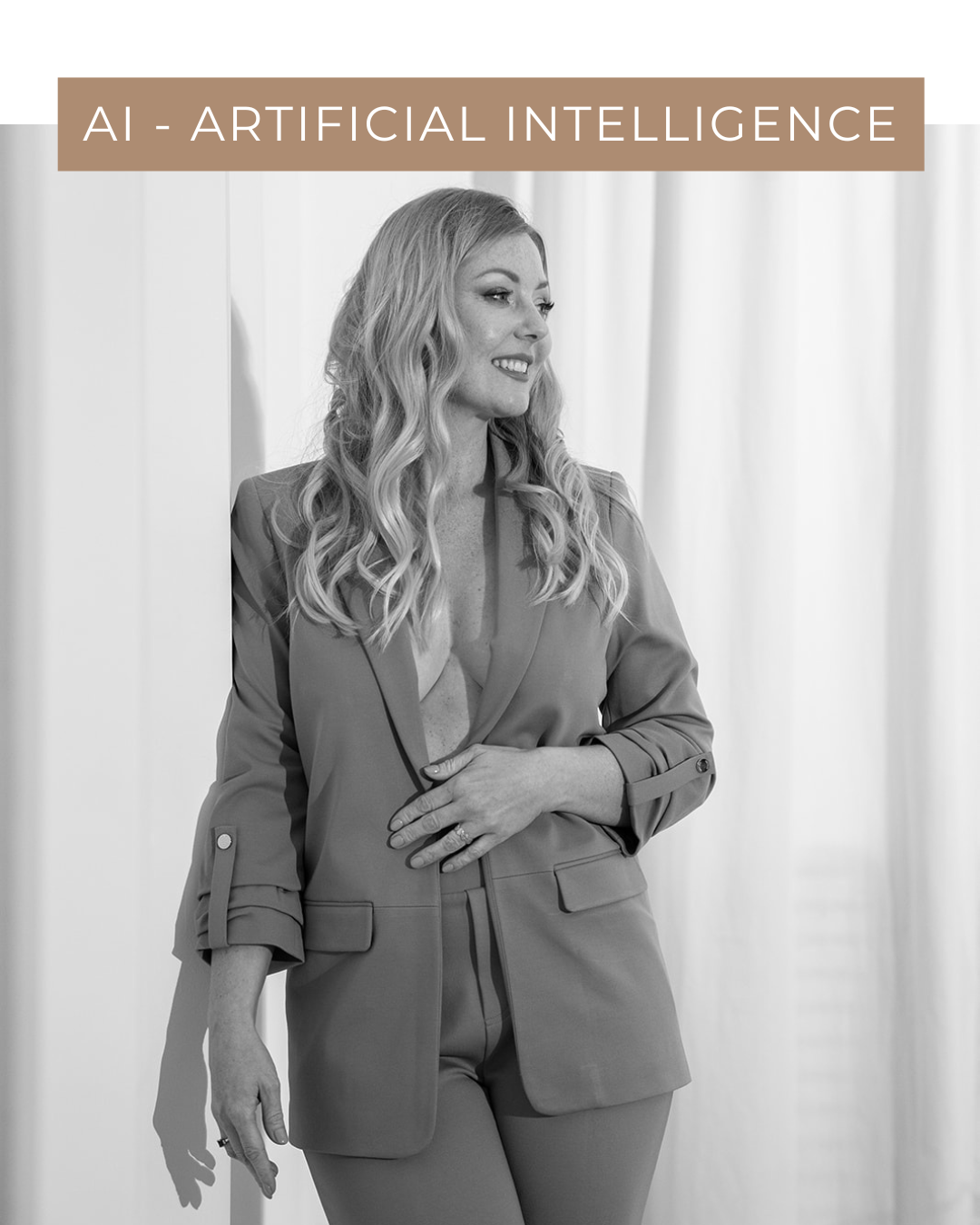 Confident female entrepreneur in a tailored suit standing by a wall, looking ahead with purpose. Minimalist interior, natural light.